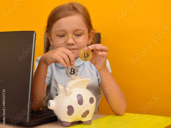 Fototapeta A unique child, a little cute girl sitting near a laptop puts Bitcoin coins into a piggy bank. A child learns from childhood to earn cryptocurrency. The child is a young genius, businessman.