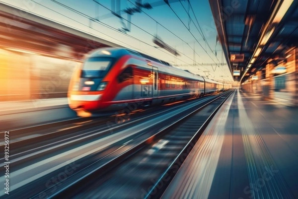 Fototapeta High speed train in motion on the railway station at sunset. Fast moving modern passenger train on railway platform. Railroad with motion blur effect. Commercial transportation. Blurred background