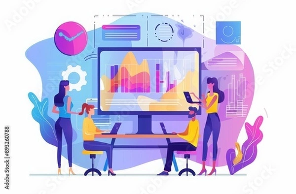 Fototapeta International Coworking Day. people in an office setting having a discussion, working together. office space with people working on laptops and using mobile phones