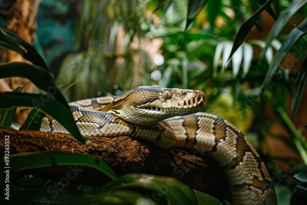 Obraz Burmese Python Resting on a Branch in a Lush Green Forest