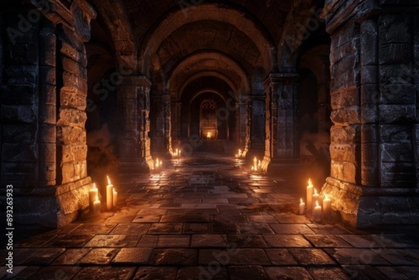 Fototapeta Journey gear in ancient chambers, illuminated by subtle lighting, reveals the rich history and exploration of these historic spaces.