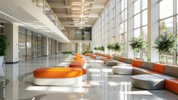 Fototapeta High school lobby with modern seating, sleek lines, and a bright, airy atmosphere