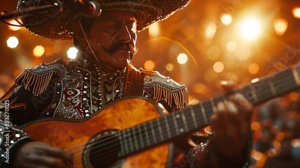Fototapeta A Man in a Mexican Hat Playing a Guitar With a Microphone in Front of Him - Generative AI