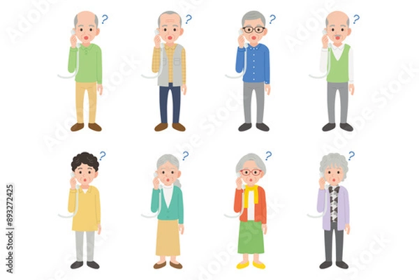 Fototapeta 固定電話で通話するシニア　男女　疑問の表情セット