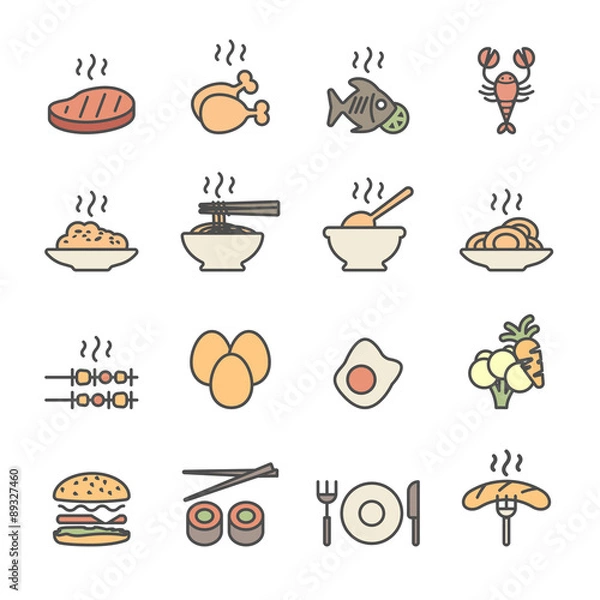 Fototapeta food icon set, flat line color version, vector eps10