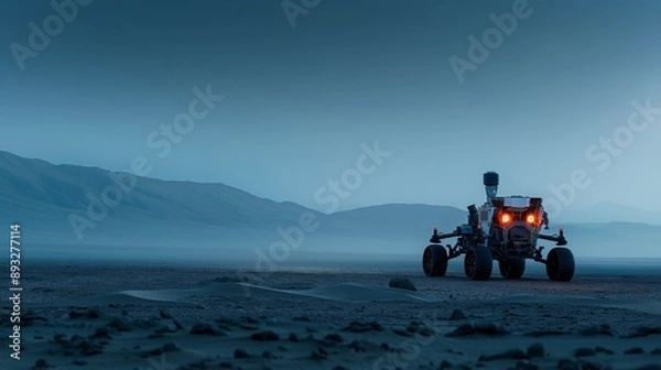 Fototapeta Conceptual Mars Rover on Alien Terrain at Twilight with Stunning Sky Backdrop