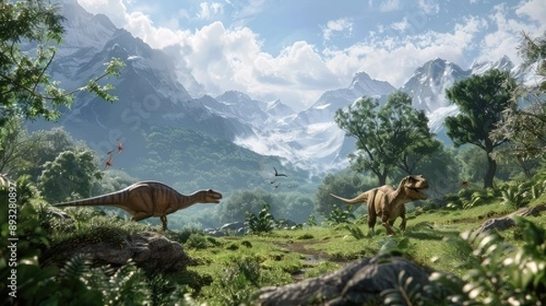 Fototapeta Prehistoric Jurassic landscape with walking dinosaurs. AI generated.