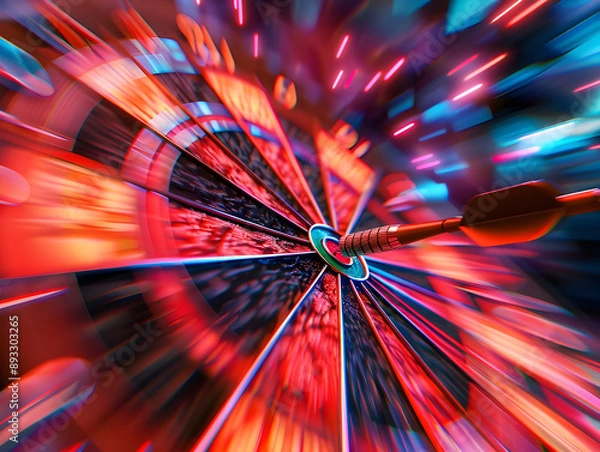 Obraz 3D Rendering Dartboard on a Red Blurry Motion, Capturing Dynamic Action in Competitive Setting