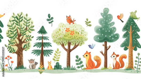 Fototapeta 動物がたくさんいる森のイラスト