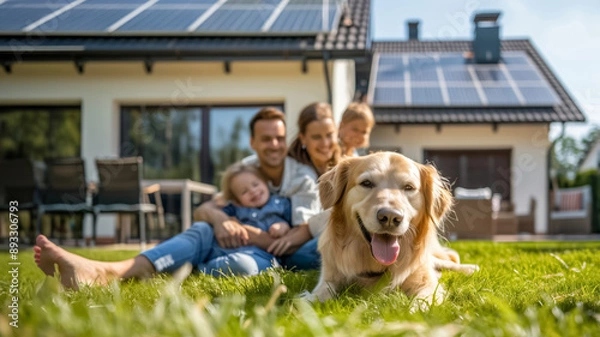 Fototapeta A joyful family and their pet dog enjoy quality time outside their environmentally friendly solarpowered home, creating beautiful memories in the yard