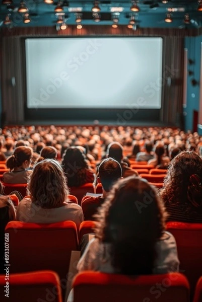 Obraz People in the cinema auditorium with Cinema blank wide screen and red chairs in the cinema hall,People silhouettes watching movie performance,empty white screen,space for text.