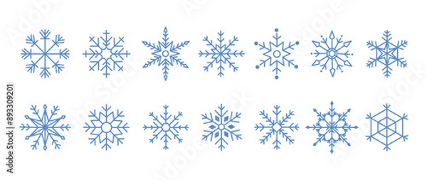 Fototapeta Set of snowflakes linear vector icon. Geometric snowflake shape, nature and winter related vector symbol hand drawn contour collection. Line art illustration design for logo, sticker, christmas.