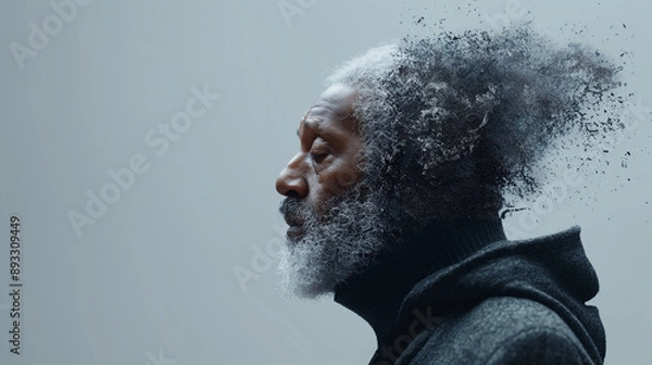 Fototapeta A profile side view of an old black man with gray hair and beard, his head is disintegrating into particles isolated light grey background. Lost memory from dementia or alzheimer disease concept.