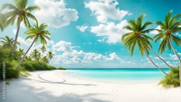 Fototapeta Summer beach scene with palm trees, turquoise water, and soft white sand, capturing the essence of a tropical paradise