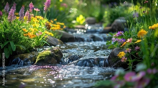 Obraz Peaceful stream surrounded by colorful flowers and green foliage, creating a picturesque and tranquil scene, perfect for enhancing editorial content