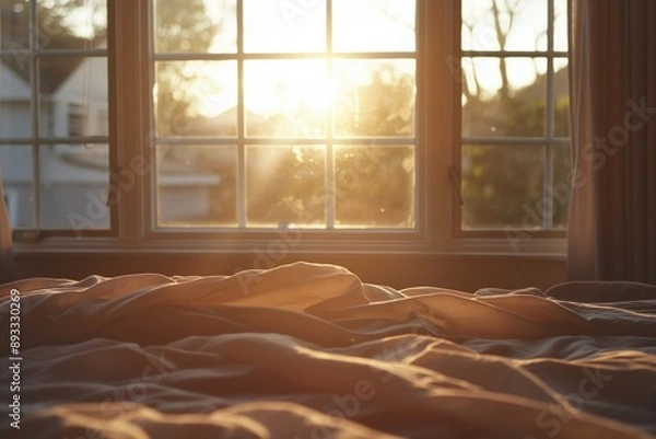 Fototapeta Sunrise view from bed with soft morning light, creating a cozy and serene atmosphere.