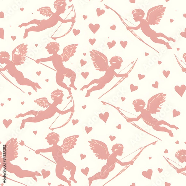 Fototapeta Pink cupids flying and aiming with bow and arrow seamless pattern