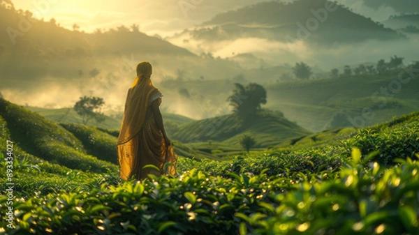 Fototapeta Women in a sari, picking tea leaves. Large Dark eyes. Graceful hands. Indian tea plantation. Morning Misty hills,generative ai