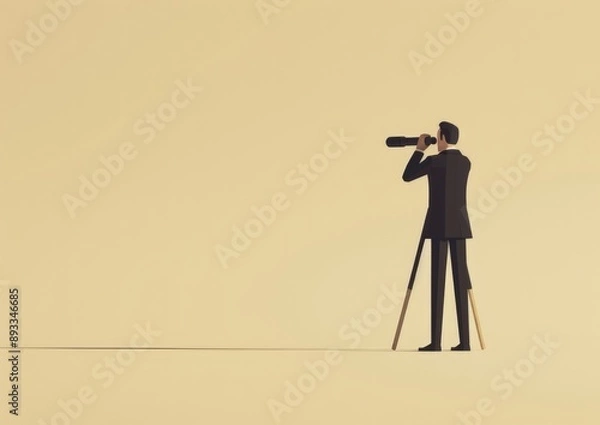 Fototapeta A businessman in a blue suit is standing and looking through a telescope on a light pink background.