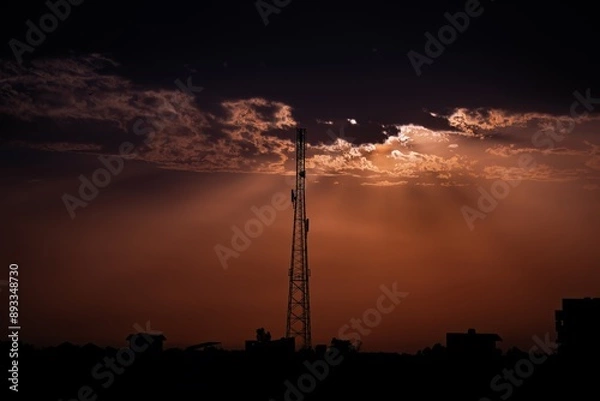 Obraz beautiful sunset with trees, clouds and tower