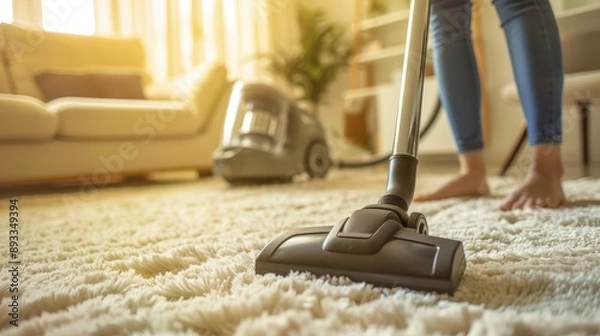 Fototapeta A close-up of a housemaid vacuuming a carpet, with the vacuum cleaner and neatly arranged furniture in the background