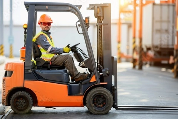 Fototapeta Forklift operator wearing safety gear and driving in an outdoor loading area 