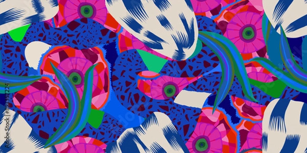 Obraz Exotic hand drawn flowers and snakes pattern. Dynamic tropical print. Fashionable template for design. 