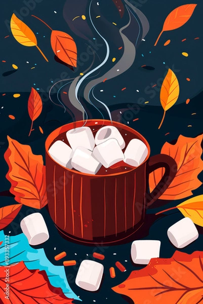 Fototapeta Illustration of hot chocolate or cocoa with cinnamon, marshmallows and autumn leaves. Autumn concept.