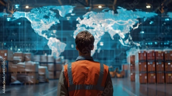 Obraz Warehouse worker with back turned, in front of a world map showing global trade interactions. Realistic, cinematic style photo with high detail