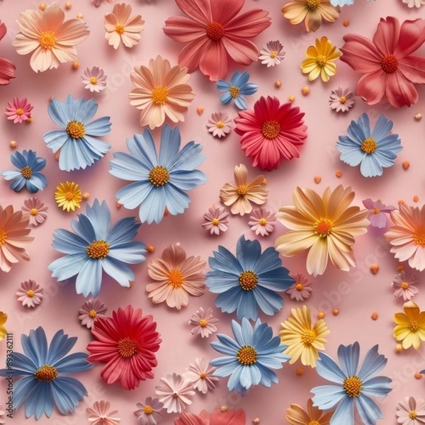 Obraz A few random flowers, evenly spaced on a pastel pink background, minimalistic magazine cover style, vibrant and fun, high resolution