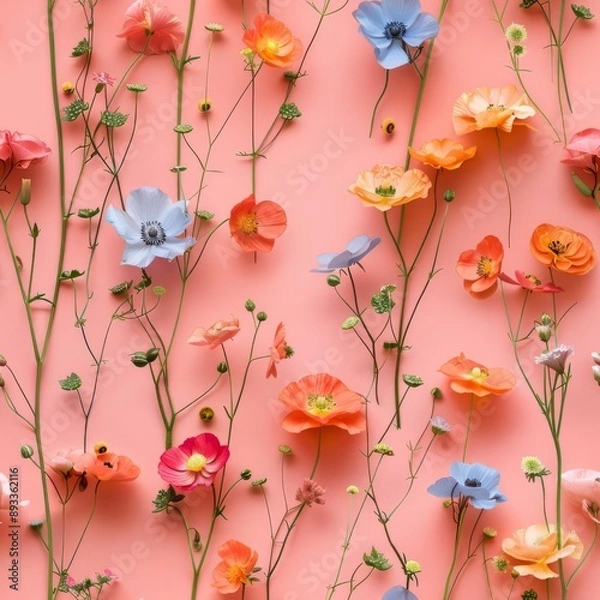 Obraz A few random flowers, evenly spaced on a pastel pink background, minimalistic magazine cover style, vibrant and fun, high resolution