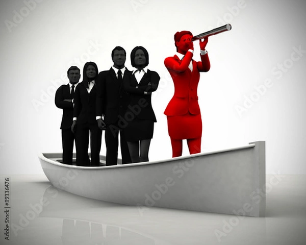 Fototapeta Team with leader on boat with a telescope. A successful team led by a great leader looking through a telescope on a boat navigating towards success.