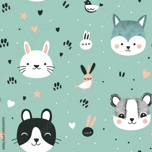 Fototapeta Animal faces in a scattered, minimalistic pattern, pastel mint background, sketch style, delicate and artistic