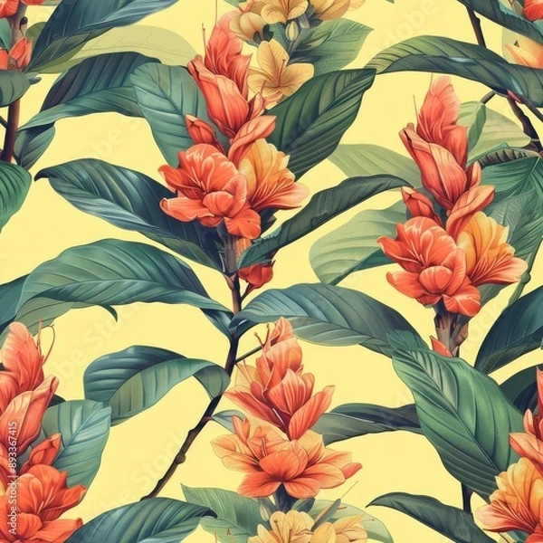 Fototapeta Limited exotic flowers in a repeating pattern, pastel yellow background, vintage illustration, retro and charming
