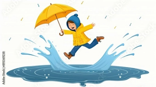 Fototapeta A joyful boy leaps over a puddle, clutching his bright umbrella on a rainy day, capturing childlike delight in the rain.