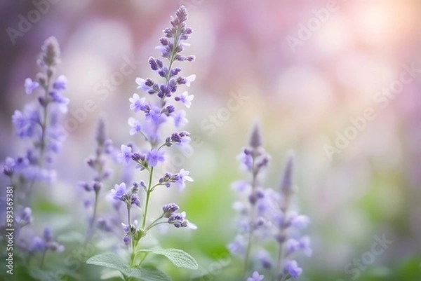 Fototapeta Catmint flowers bokeh background, AI Generated