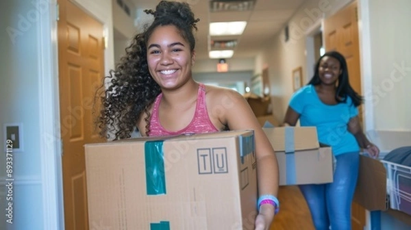 Fototapeta Student and Parent Moving Boxes into Dorm Room, smiling and working together