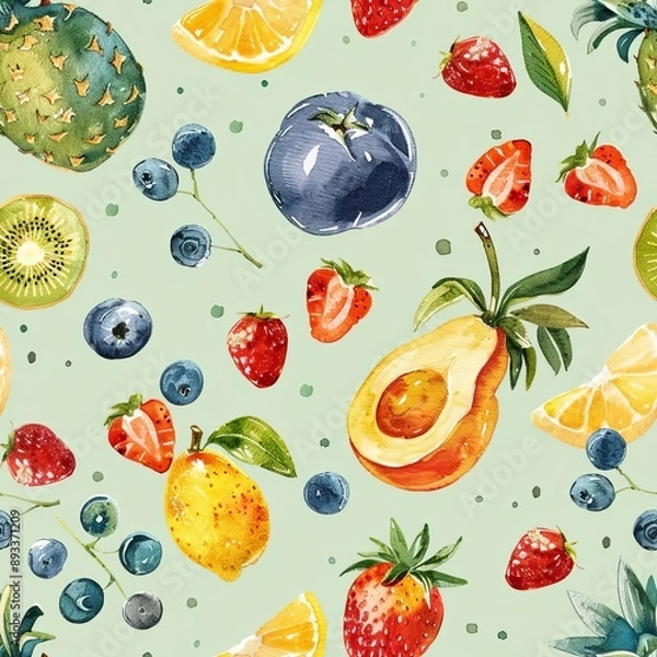Obraz Scattered fruits creating a quirky pattern, pastel green backdrop, watercolor technique, cheerful and soft