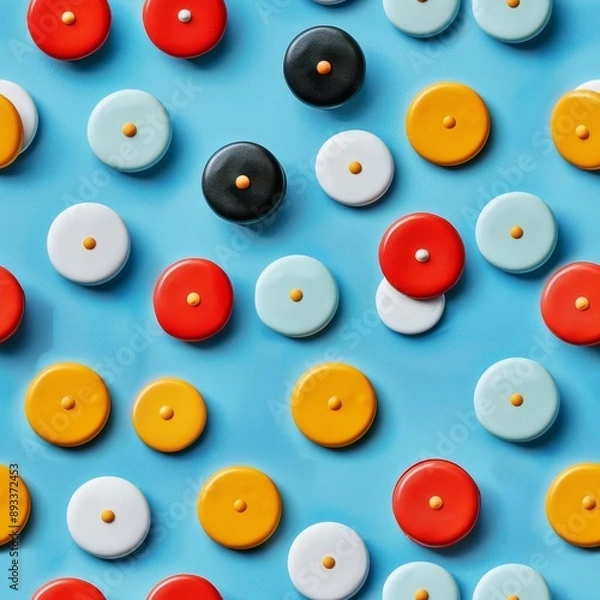 Fototapeta Sparse arrangement of abstract shapes in a polka dot pattern, pastel blue background, pop art style, playful and bright, flat lay
