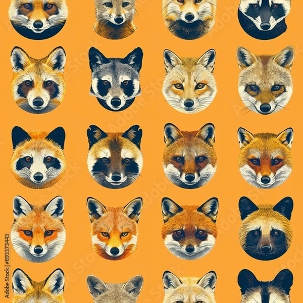 Fototapeta Sparse arrangement of animal faces creating a fun mosaic, pastel orange backdrop, digital art, crisp and dynamic