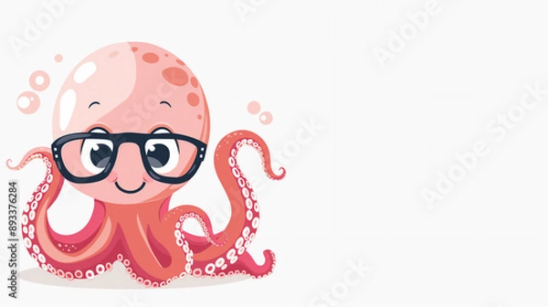 Fototapeta Cheerful Baby Octopus with Glasses looking at camera on white Background. Flat Design Illustration. Copy Space For Text.