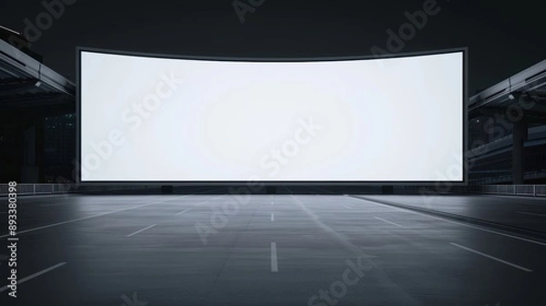 Obraz Empty large curved white screen in a dark parking lot, perfect for displaying advertisements or digital content presentations.