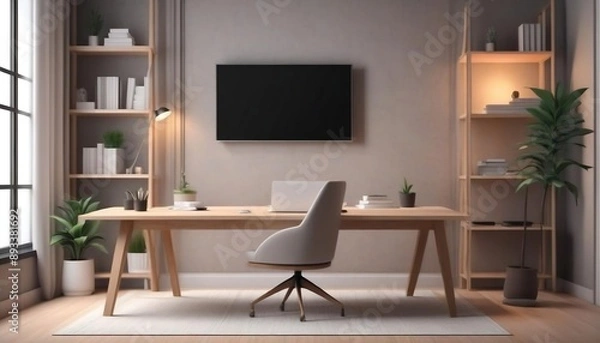 Obraz Modern home office in the living room, Convenient, comfortable, nice place to work, Remote work from home, Minimal interior decor design background,, illustration created with generative ai.
