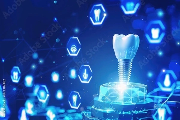 Fototapeta Digital dental implant surrounded by glowing hexagons symbolizing advanced innovative technologies in dentistry
