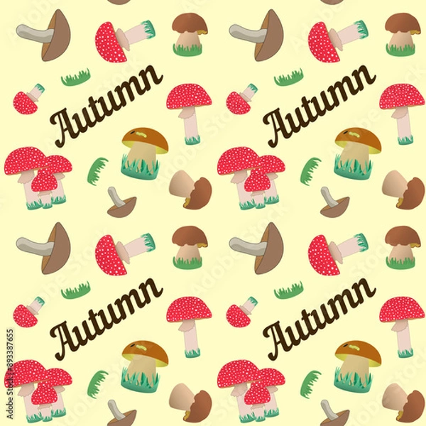 Obraz Mushrooms, fly agaric and grass, fall. Vector seamless colored pattern