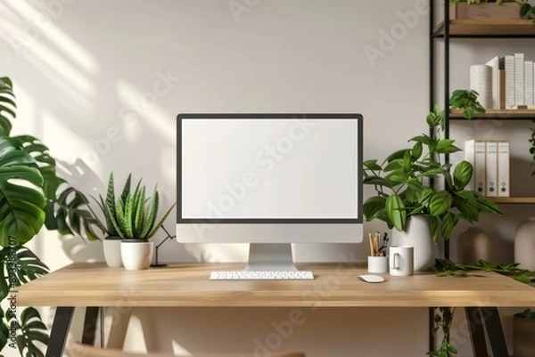 Fototapeta Mockup of computer monitor on desk in contemporary minimalist home office with plants