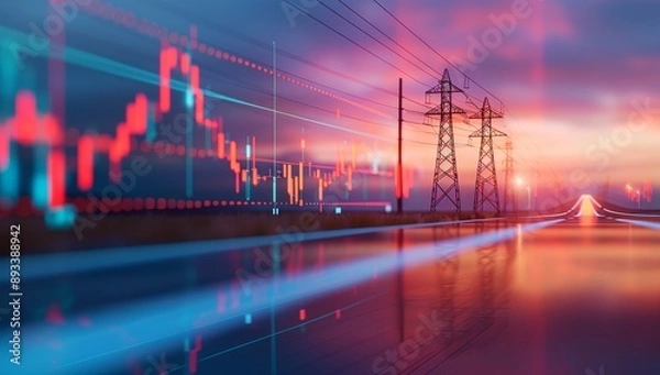 Fototapeta A stock market graph with electric pylons in the background, symbolizing energy company growth.