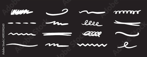 Fototapeta Vector doodle brush lines set. Hand-drawn charcoal smears, strikethroughs, and swirls. Horizontal sketchy wavy strokes