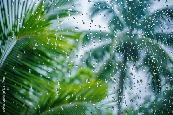 Fototapeta Raindrops on wet glass. View from the window. Gray blue dramatic sky. Water. Drops. Rain. Palm tree and green foliage