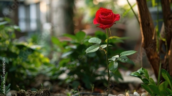 Fototapeta A single red rose standing tall in a flowerbed, surrounded by green plants.